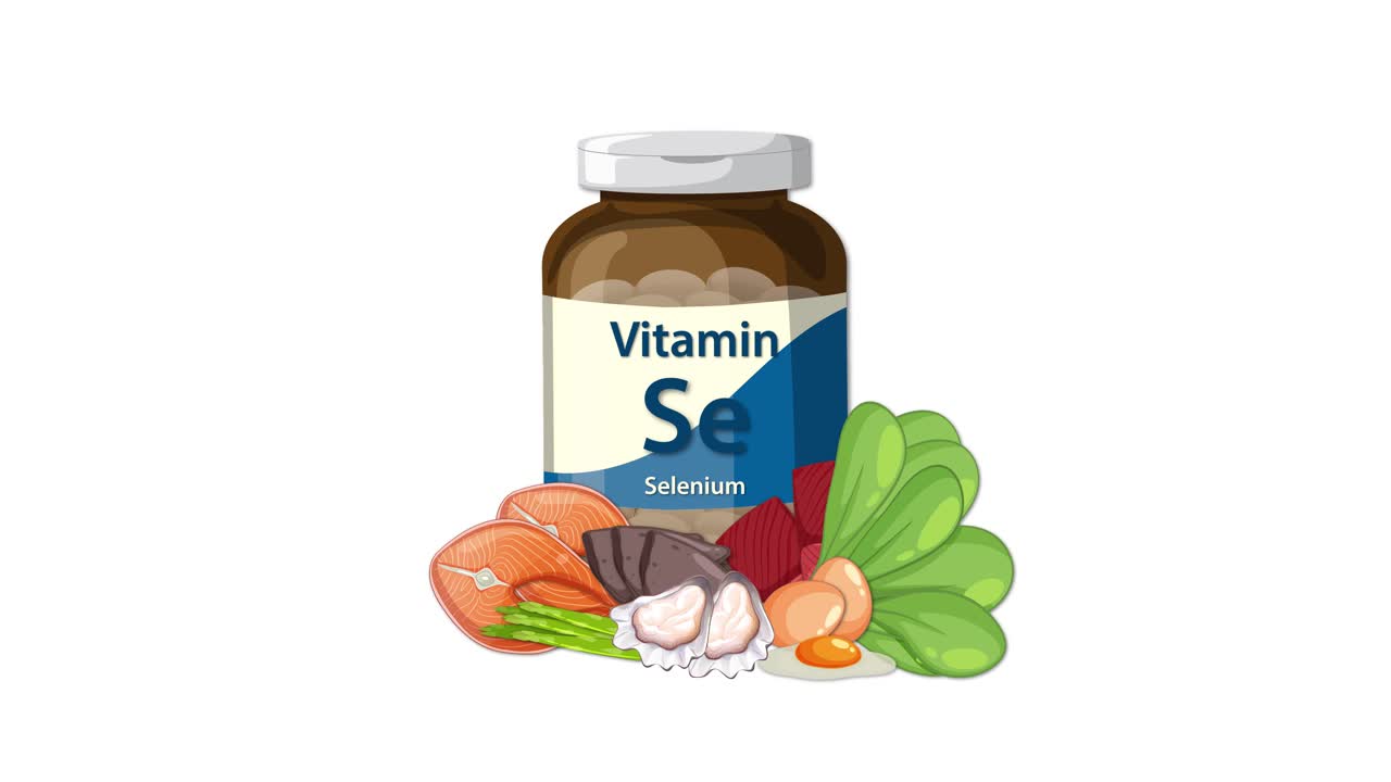 Vitamin selenium bottle with vegetables and nuts appears, highlighting dietary sources in clean animation