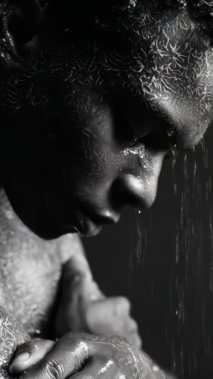 A contemplative figure bathed in water, showcasing the interplay of light and shadow, reflecting deep emotion and resilience in a mesmerizing artistic representation
