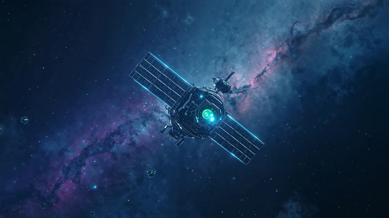 Receiving signal, satellite rotating, aligning solar panels and showing core near nebula