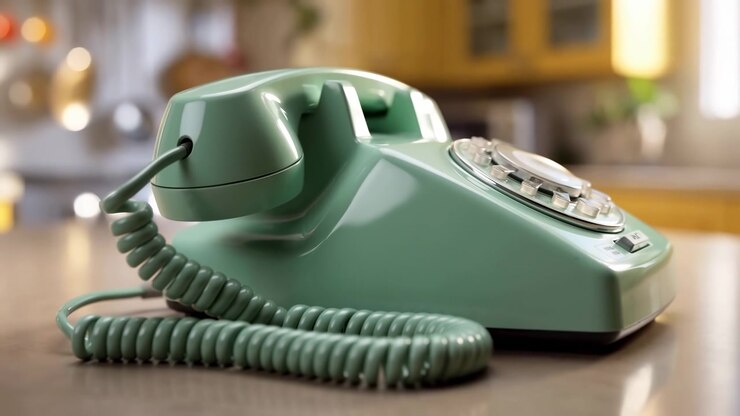 Un gros plan montre un téléphone à cadran vert menthe avec le combiné sur son socle, un cordon en spirale traversant le premier plan, des détails de cadran chromés, un léger flou intérieur, des surfaces polies et une ambiance de bureau rétro calme, avec téléphone.