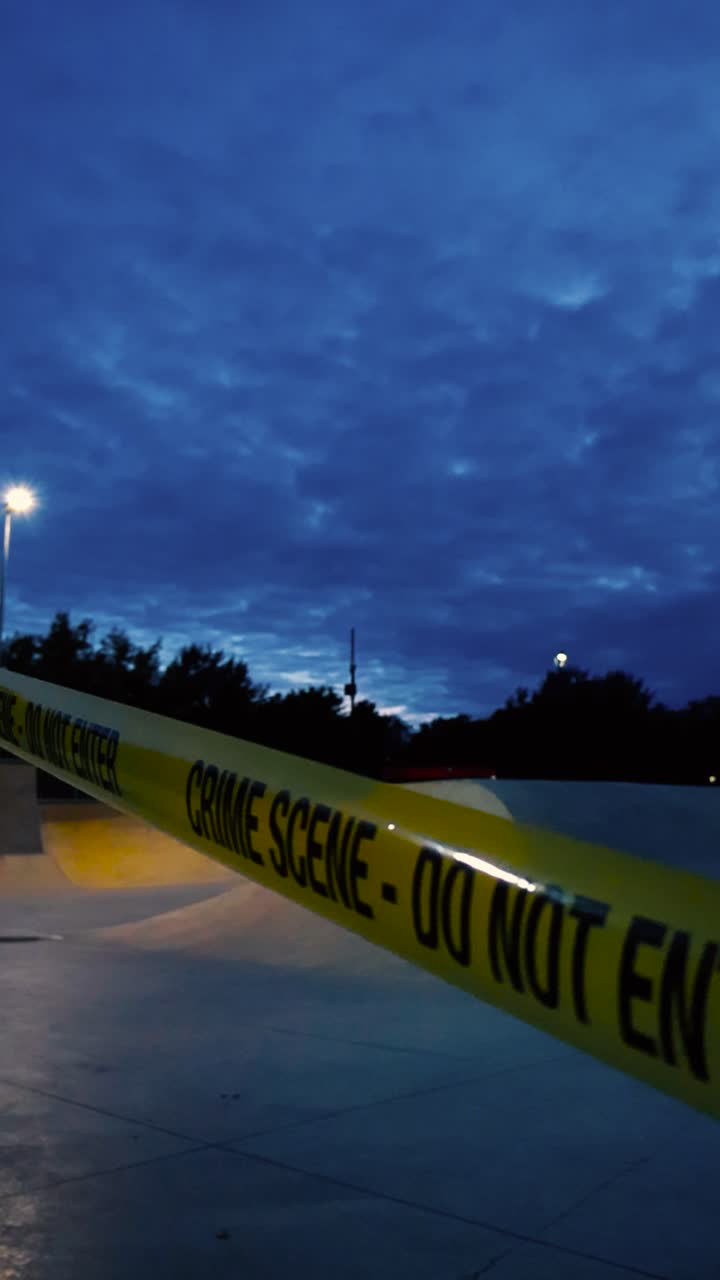 Vertically filmed video of a yellow colored Crime Scene Do Not Enter tape pulled in front of a concrete gray colored skatepark during evening, blue storm clouds in the sky and street lamps in the back