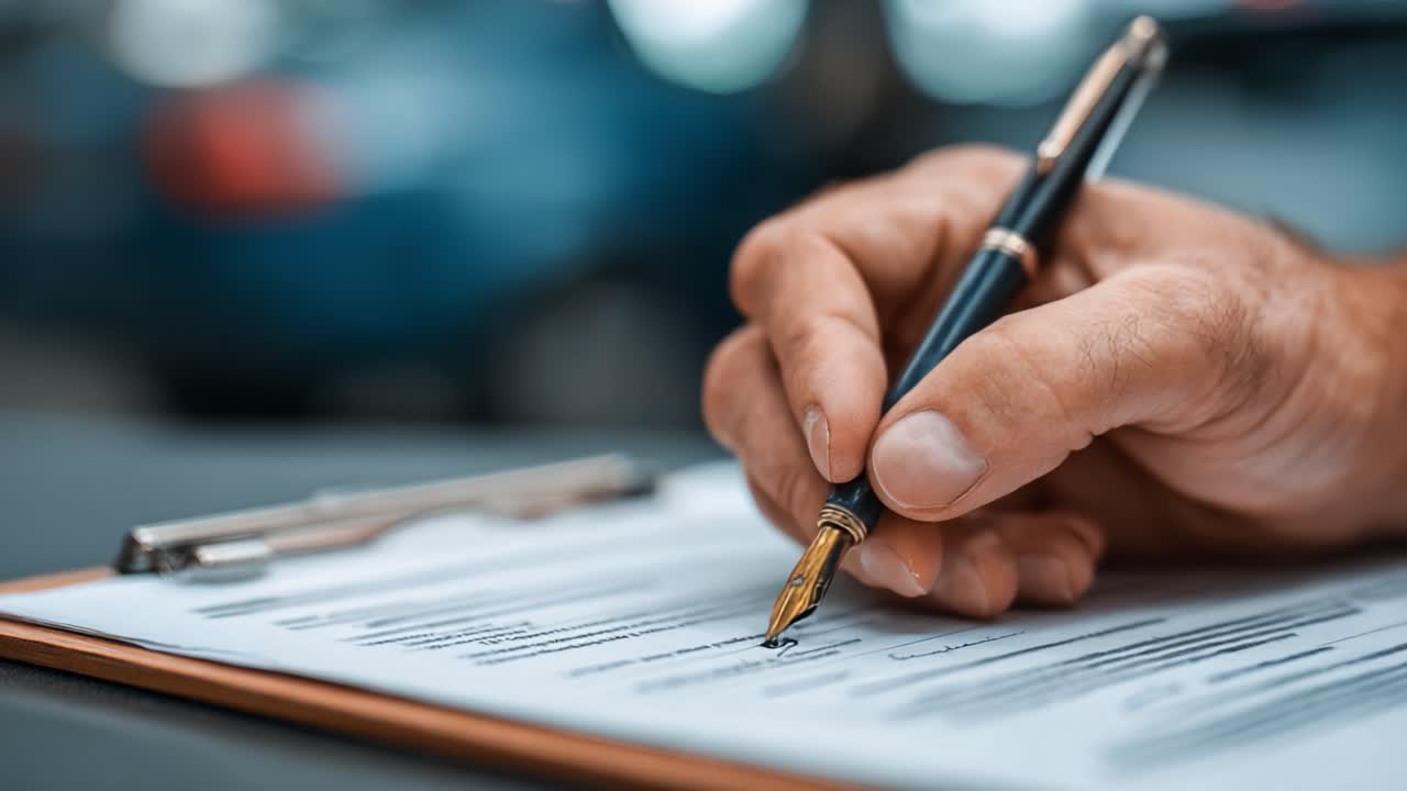 Un primo piano di una mano che firma documenti importanti con una penna stilografica su un portablocco, su uno sfondo morbidamente illuminato, indicando un serio impegno