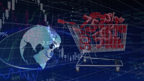 animation of data processing and globe over shop trolley