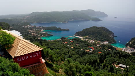 Aerial-drone-shot-over-the-picturesque-rocky-coastline-of-Paleokastritsa-bay-in-Corfu,-Greece