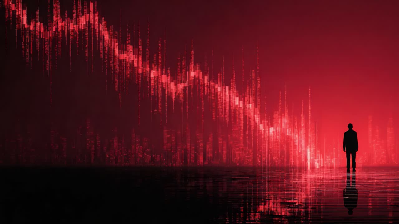 A somber reflection on market trends as market data displays a downward spiral, with a silhouetted figure observing against a backdrop of abstract financial graphics