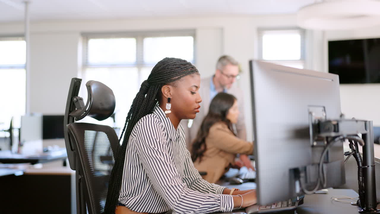 Black woman, computer and typing for seo