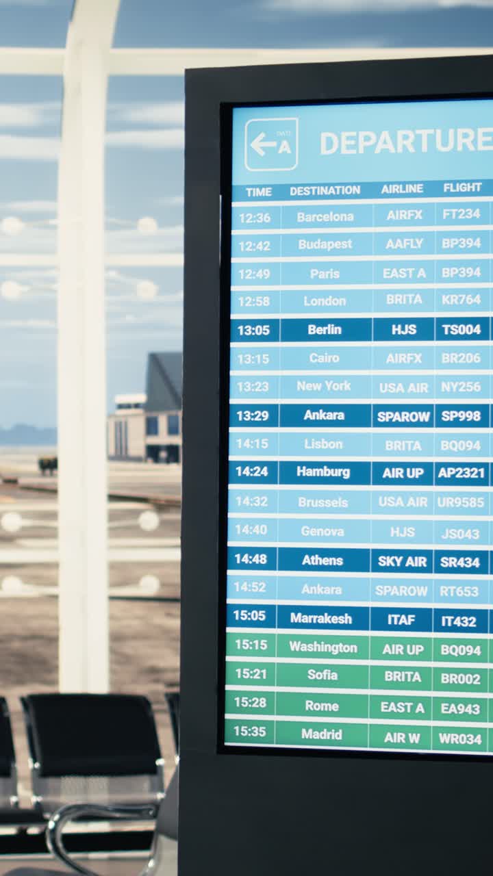 Panel digital de salidas mostrando información de vuelos en el aeropuerto.