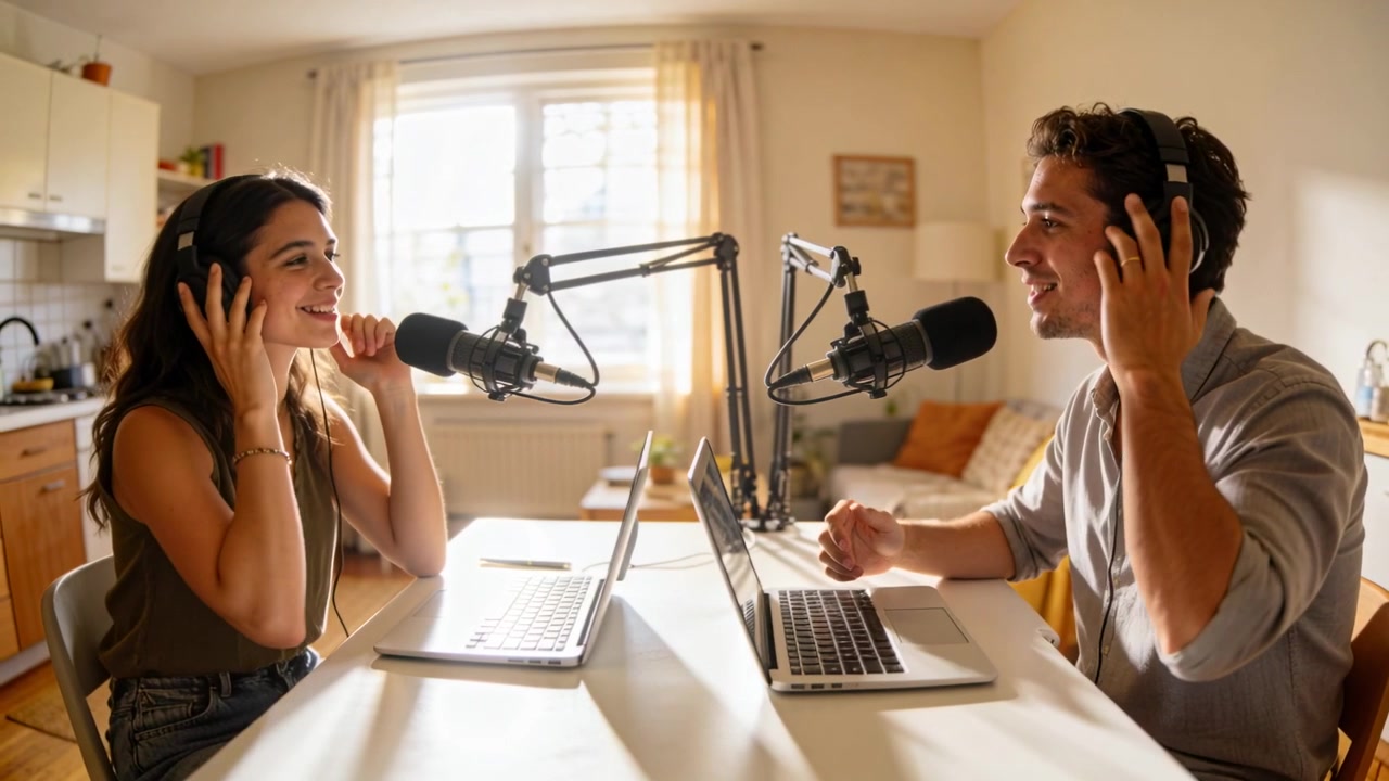 Gli host iniziano a registrare un podcast su un tavolo da cucina illuminato dal sole, con un top verde scuro e una camicia grigia, usando i microfoni.