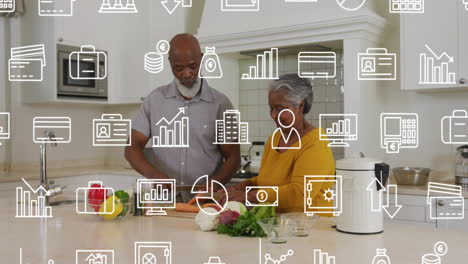 cooking in kitchen, elderly couple with data analytics and technology icons animation