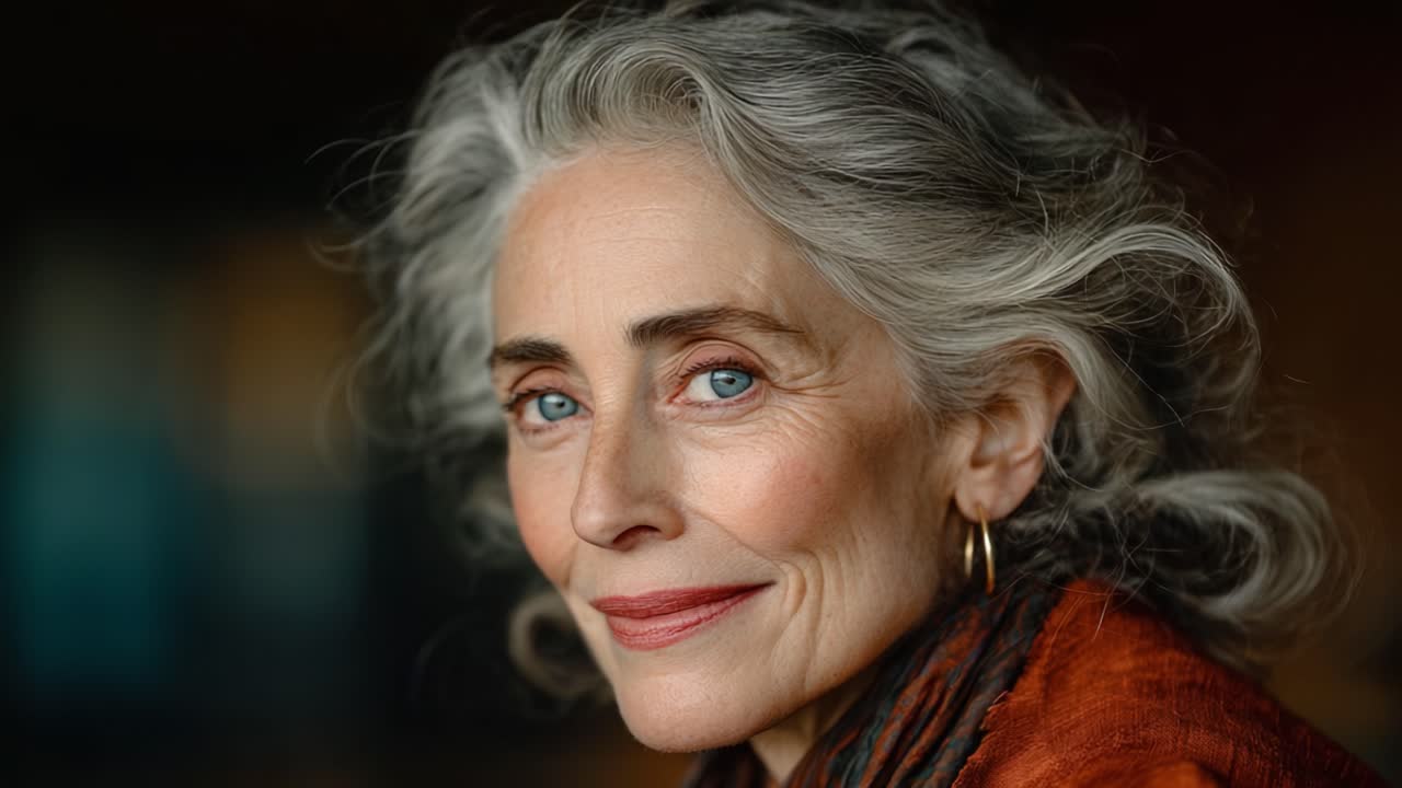 A Captivating Portrait of an Elegant Woman with Silver Hair and Striking Blue Eyes, Emphasizing Timeless Beauty and Grace Through a Thoughtful Expression in Natural Light
