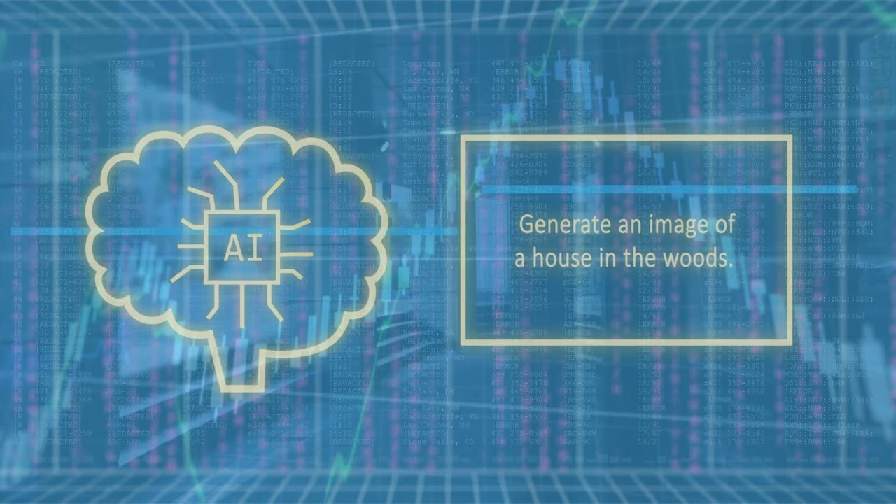 animación de textos y casas y árboles en la plaza, ai texto en el cerebro sobre gráficos contra el edificio