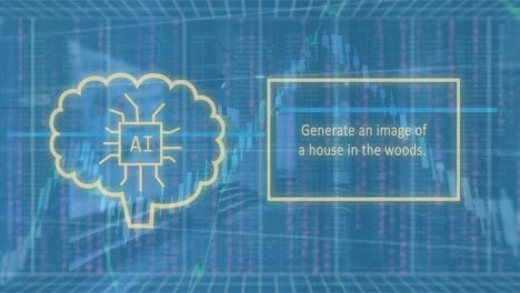 animación de textos y casas y árboles en la plaza, ai texto en el cerebro sobre gráficos contra el edificio