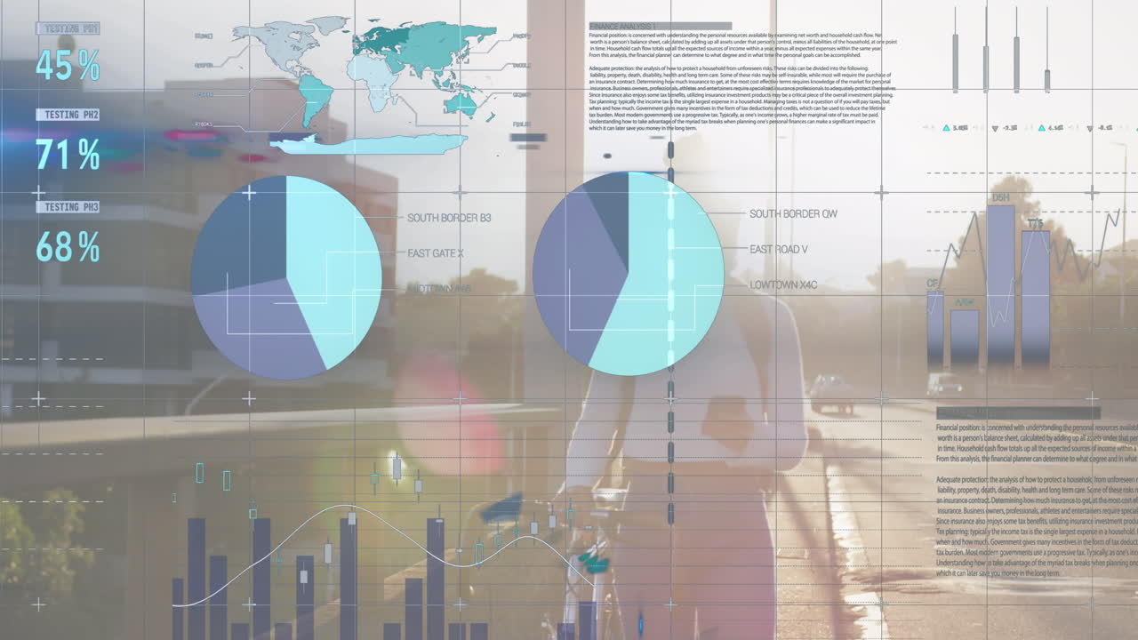 animación de la interfaz infográfica sobre una mujer biracial que usa máscara y usa teléfono móvil con bicicleta.