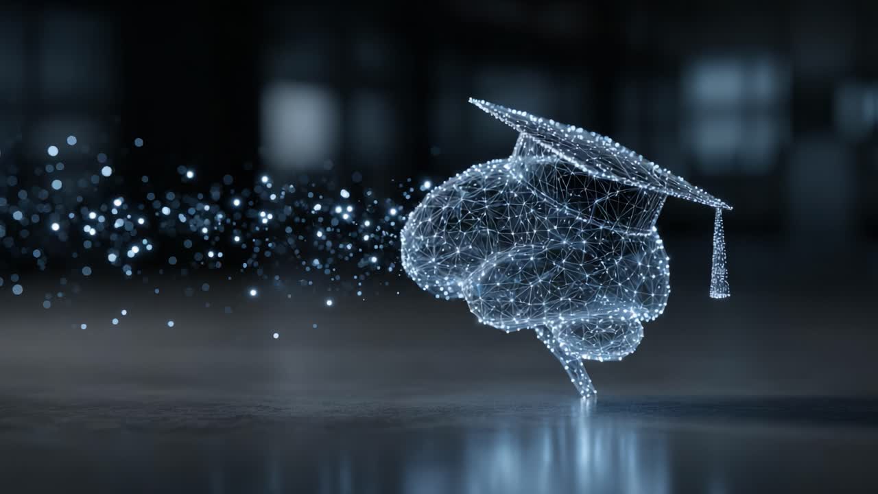 A Captivating Visualization of a Graduation Cap Symbolizing Knowledge and Learning As It Emerges from a Digital Brain Representation in a Futuristic Realm