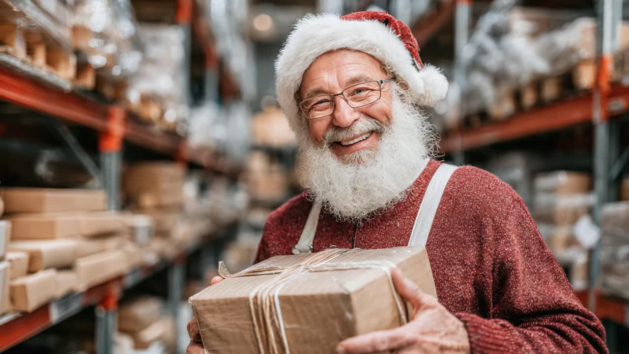 Cheerful Holiday Spirit: A Joyful Santa Claus Smiles While Holding a Wrapped Gift in a Cozy Warehouse Filled with Holiday Packages and Decorations