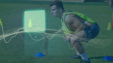 animación de cuadrados y gráficos sobre un jugador de fútbol caucásico haciendo ejercicios de salto en el suelo.