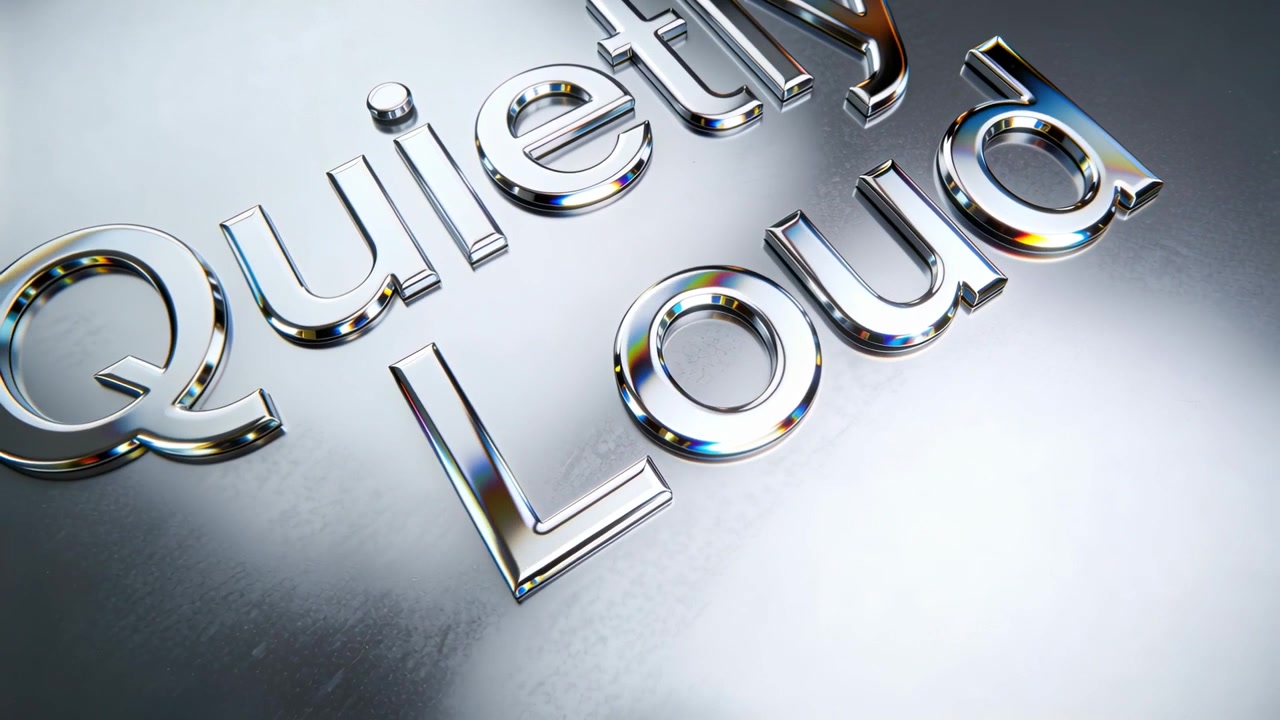 La telecamera si allontana mostrando lettere 3D cromate "Quietly Loud" su un piano metallico con riflessi cangianti.