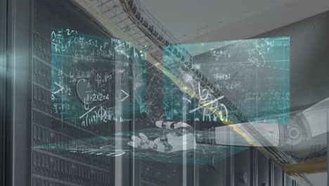 Animation of data processing on screens and robot&#039;s arm over computer servers