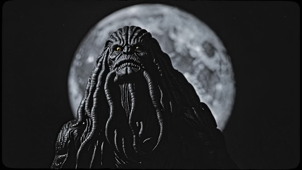 cthulhu, una monstruosa entidad cósmica, emerge de la oscuridad, su presencia ominosa silueta contra el telón de fondo de una luna llena, creando una atmósfera escalofriante y de suspenso