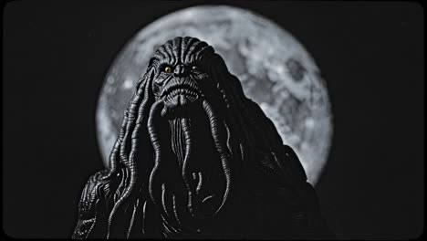 cthulhu, a monstrous cosmic entity, emerges from the darkness, its ominous presence silhouetted against the backdrop of a full moon, creating a chilling and suspenseful atmosphere