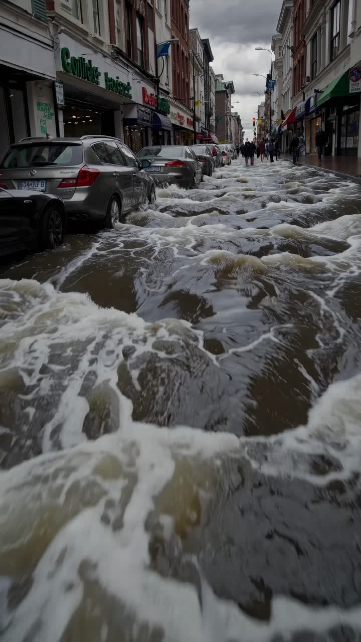Flooded street with cars partially submerged, water rushing, creating waves