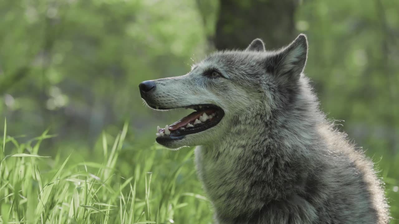 A majestic gray wolf sits in a lush green forest, mouth open mid-pant, surrounded by tall grass and dappled sunlight