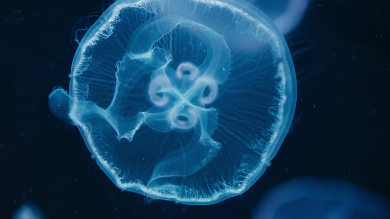 Scatto macro di meduse blu che galleggiano in acqua scura. Movimento lento