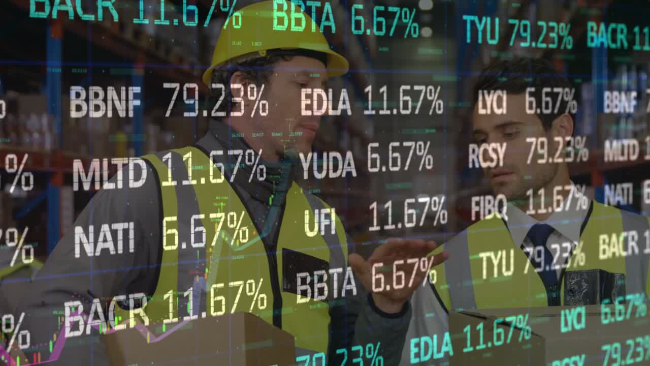 animación del mercado de valores sobre diversos trabajadores en el almacén