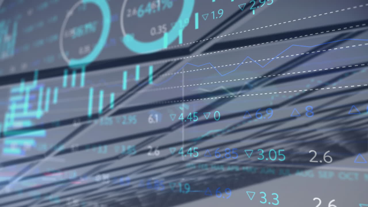 Animation of stock market data processing against tall building