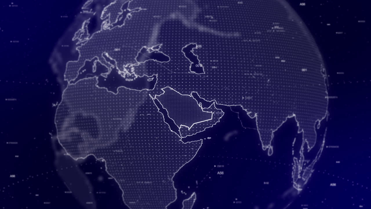 영화적 비디오 배경은 디지털 지구가 회전하고 사우디 아라비아 국가를 확대하는 것을 보여줍니다.