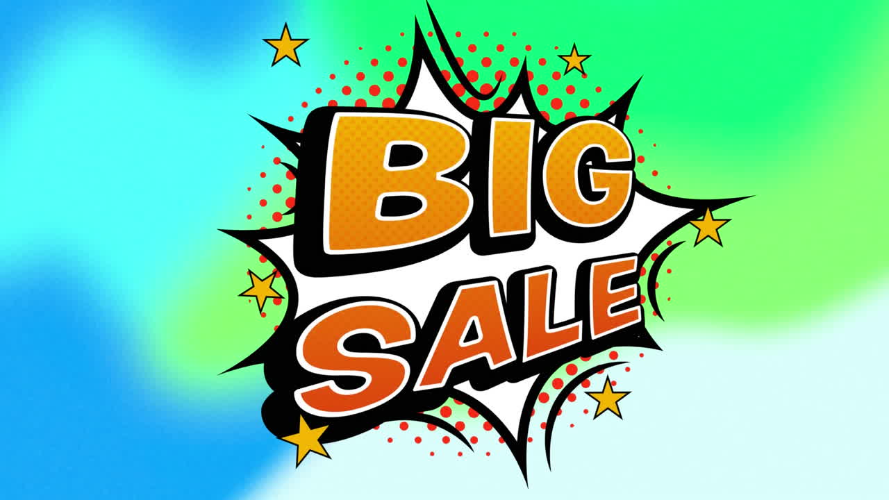 텍스트의 애니메이션 큰 판매, 폭발, 초록색과 파란색 흐릿한 배경에