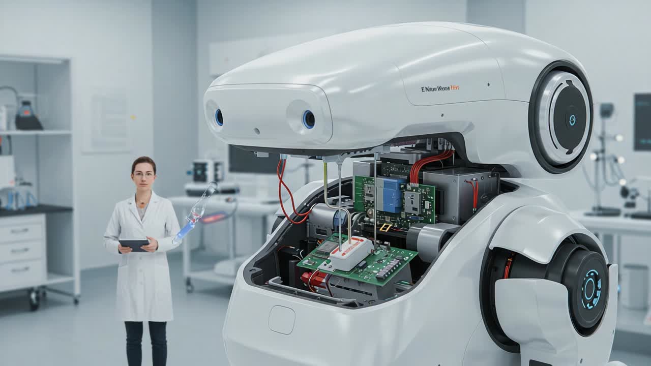 An Advanced Humanoid Robot with Exposed Internal Components is Displayed in a Modern Laboratory Space, Highlighting Innovations in Robotics and AI Technologies