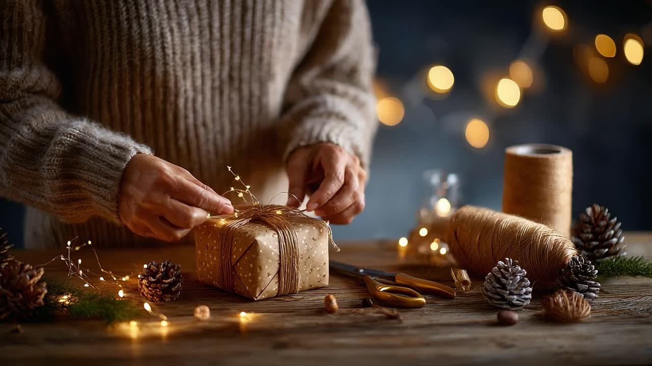 A Cozy Holiday Scene of Gift Wrapping with Fairy Lights and Natural Decorations, Perfect for Creating a Warm and Festive Atmosphere