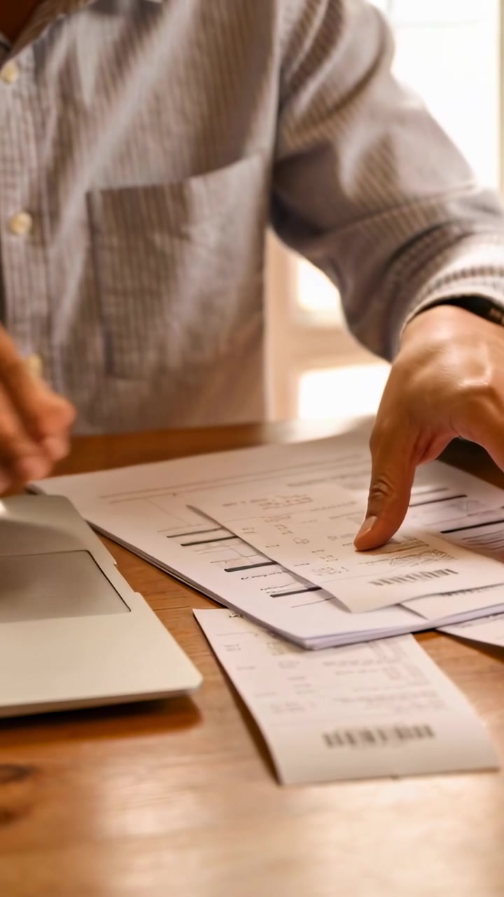 Video verticale: Uomo in camicia a righe che solleva e ordina le ricevute alla scrivania per le tasse, con un portatile.