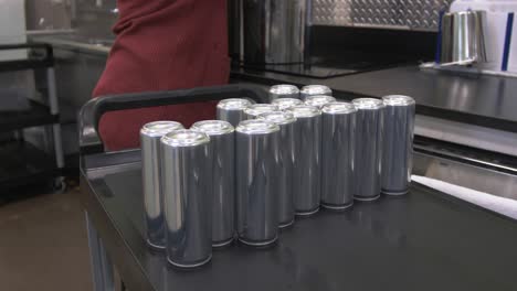 person in factory placing silver cans in box for packaging