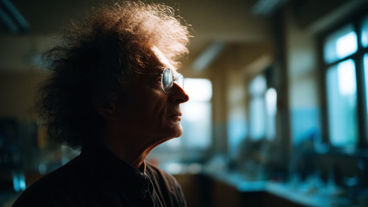 Portrait of a contemplative individual with distinct curly hair and glasses, illuminated by soft light in an indoor setting, deep in thought and reflection