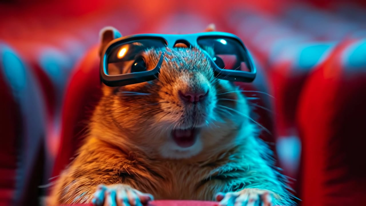 Nahaufnahme eines Murmeltiers mit großer schwarzer Sonnenbrille. Makroaufnahme aus der Froschperspektive einer Nagetierschnauze mit 3D-Brille unter filmischen neonblauen und roten Lichtern.