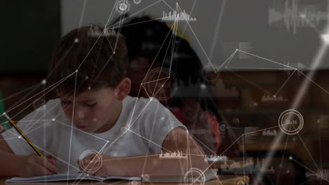 studying at desk, child with data processing animation over classroom background