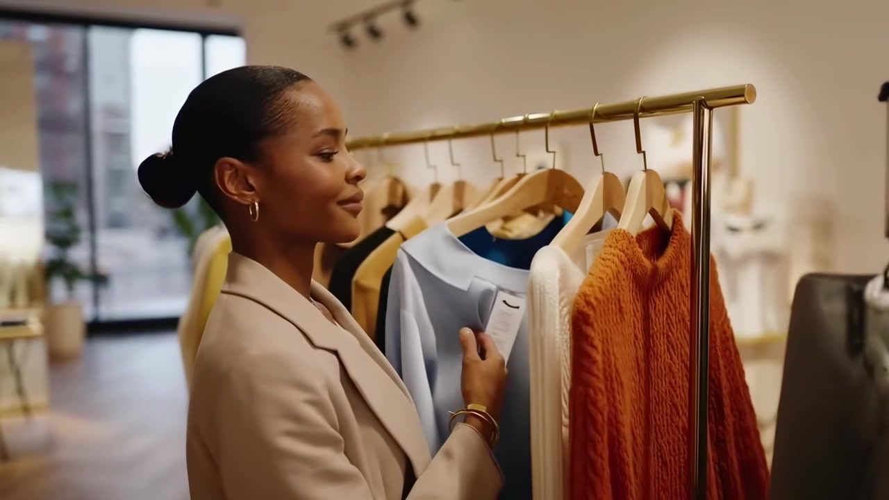 Young Woman Shopping for Clothes in a Boutique