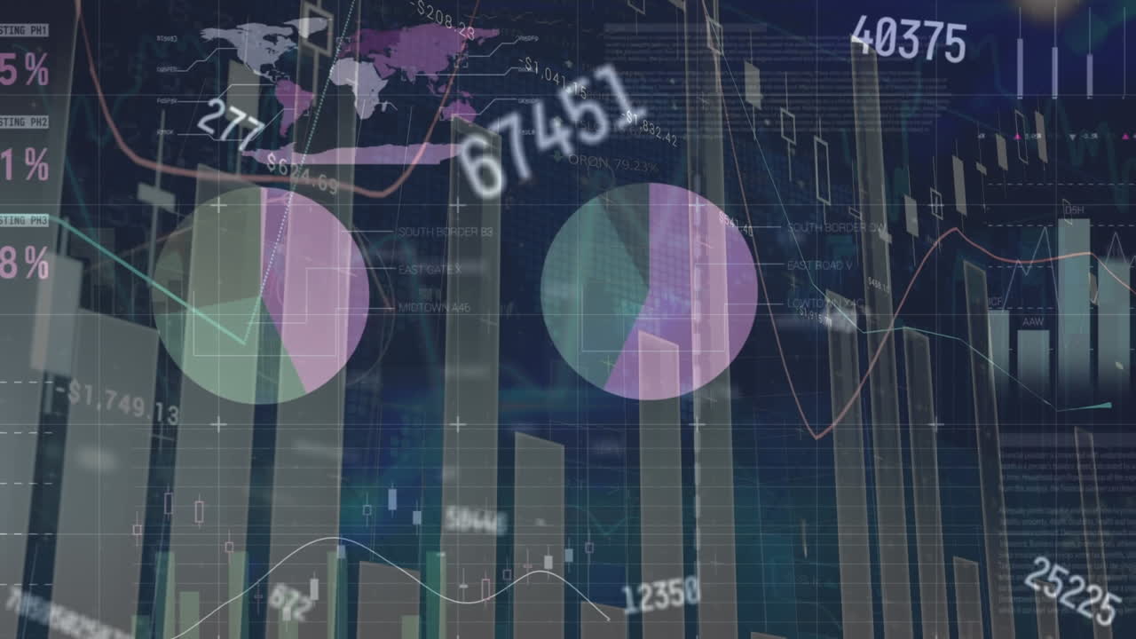 Animation of statistics with financial data processing over blue background