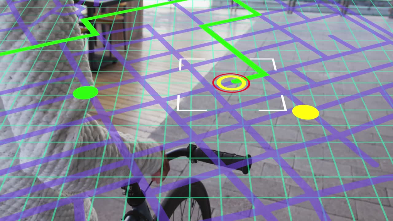 animación del mapa de la ciudad sobre un hombre biracial caminando en bicicleta