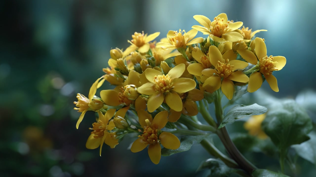 Una vivace esposizione di fiori gialli mostra la bellezza della natura, con grappoli di petali delicati e foglie verdi lussureggianti ambientati su uno sfondo leggermente sfocato.