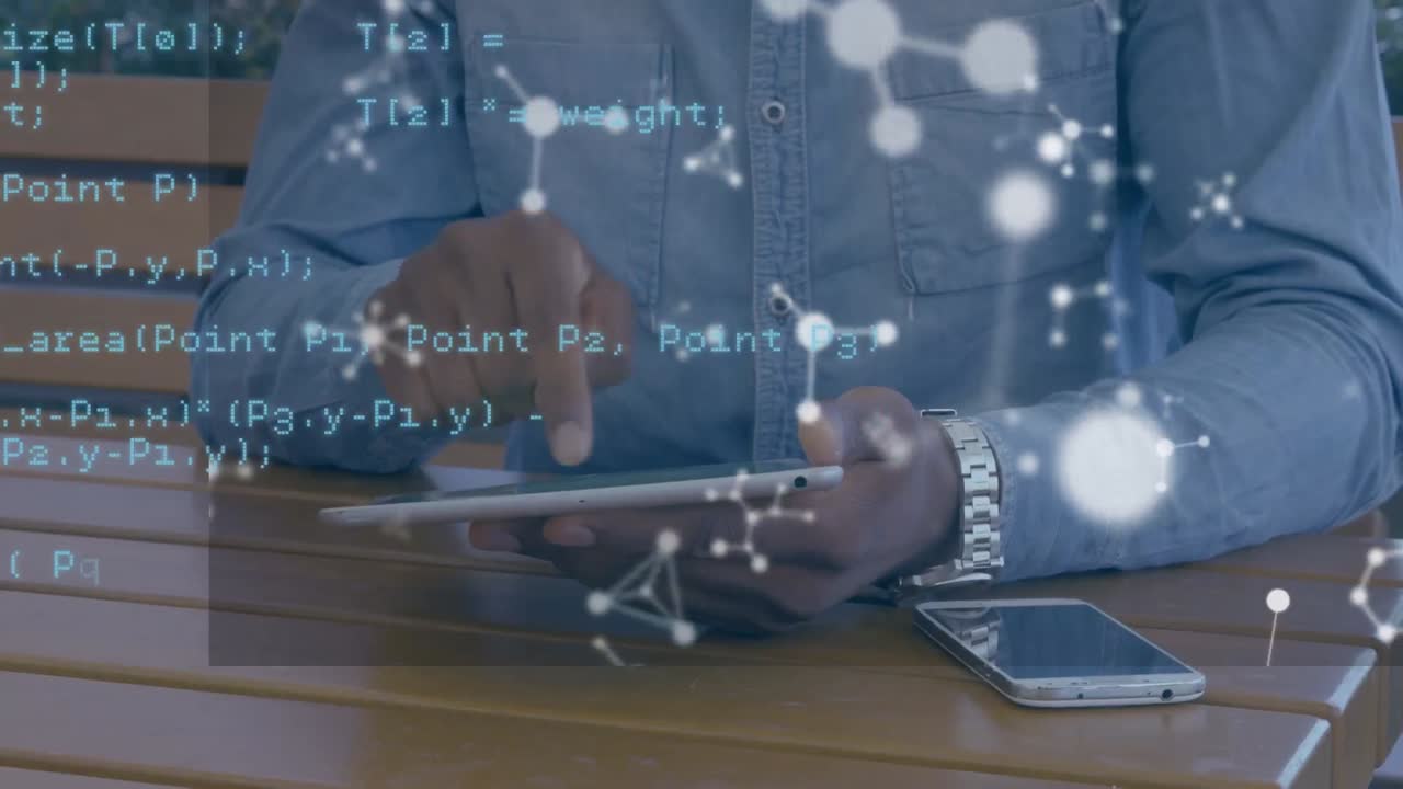 estructuras moleculares flotando sobre la sección media del hombre afroamericano usando una tableta digital