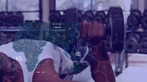 animation of data processing over african american man exercising at gym
