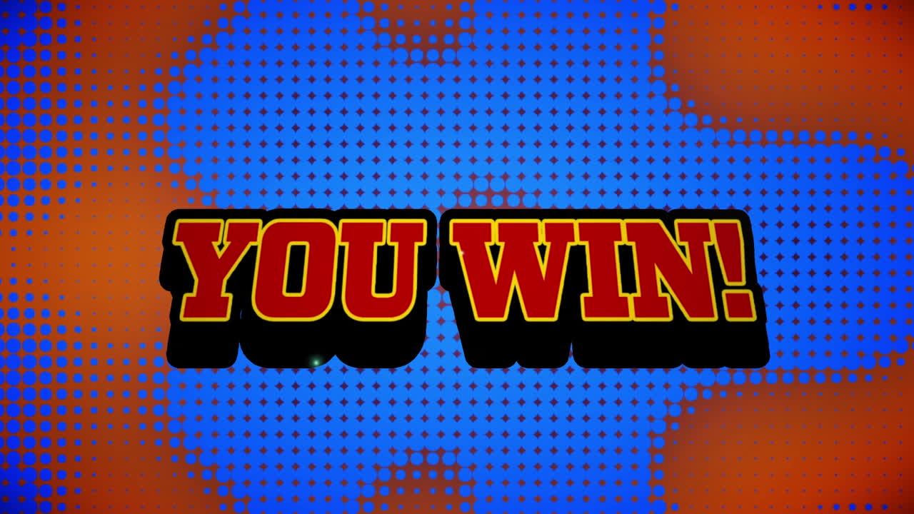 당신이 이긴 텍스트의 애니메이션, 번개, 점, 파란 바탕에 추상적인 패턴과 함께 외침