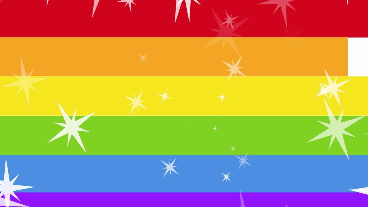 animación de orgullo texto lgbtq y estrellas cayendo sobre el fondo del arco iris