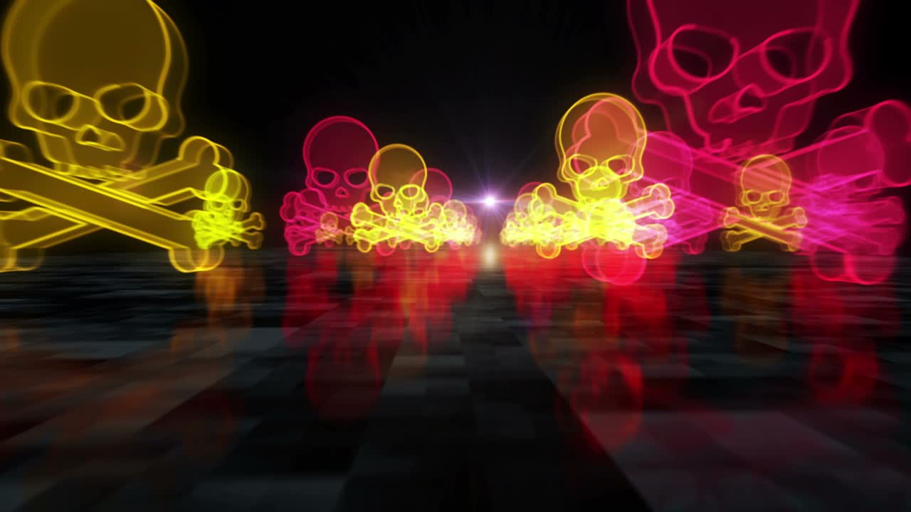 pirata del cráneo y símbolos de ciberataque en línea concepto cibernético de bucle