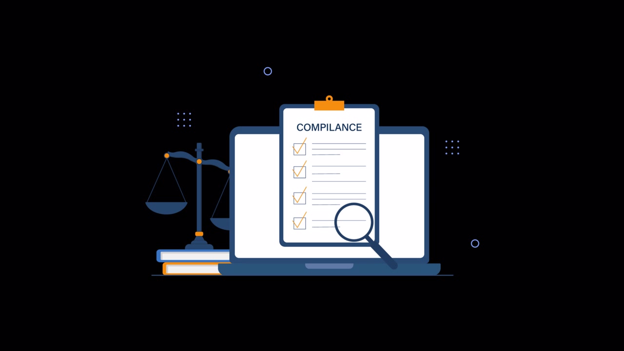 Checklist di conformità animata sullo schermo del laptop con la bilancia della giustizia