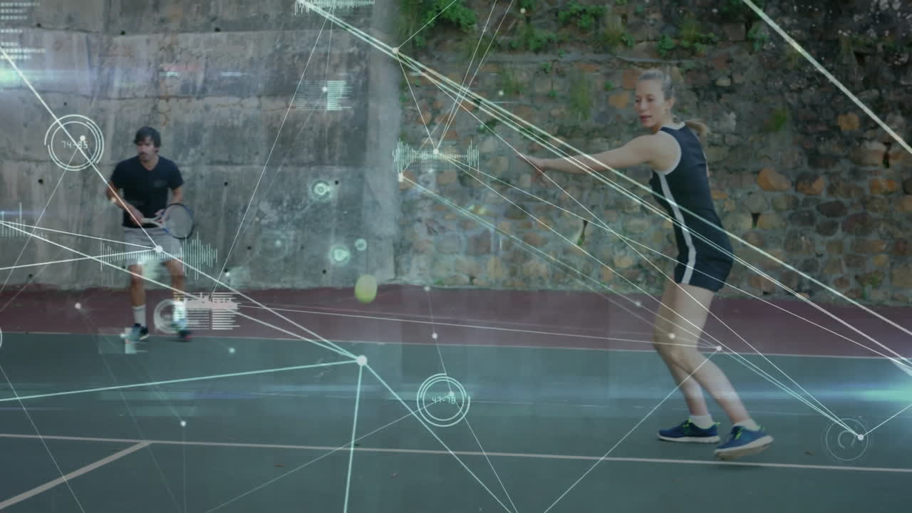 Two tennis players rallying on court boundary lines, showing holographic sports data overlays
