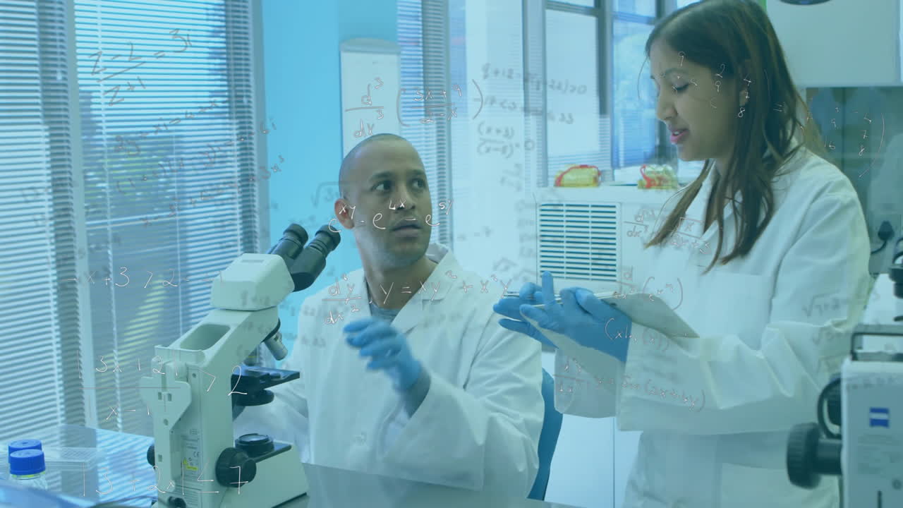 Animation of mathematical equations over diverse scientists working in lab